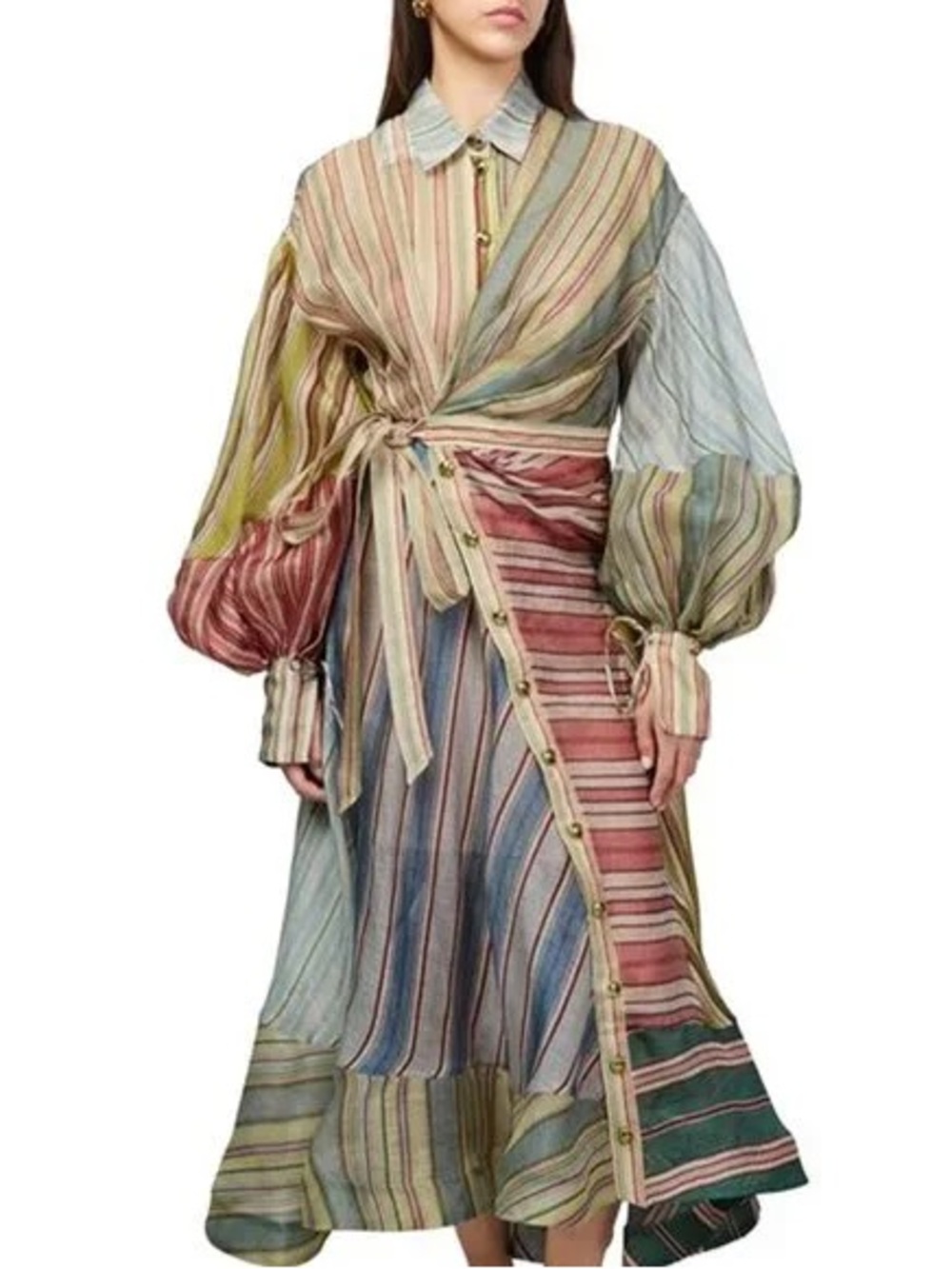 Zimmermann Pastel Multi-Stripe Tie-Waist Maxi Dress